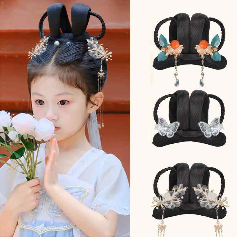 ウィッグ キッズ 女の子 漢服 古装風 一体型 シニヨン お団子ヘアピース 短め 染め対応 舞台 発表会 コスプレ ヘッドドレス 髪飾り 耐熱ファイバー