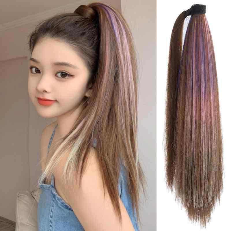 ウィッグ レディース ポニーテール エクステ マジックテープ式 ストレート 耐熱ファイバー ハイライト グラデーションカラー おしゃれ
