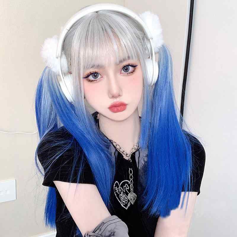 ウィッグ レディース コスプレ ロリータ 原宿系 甘辛クール ロングストレート 耐熱ファイバー シルバー..