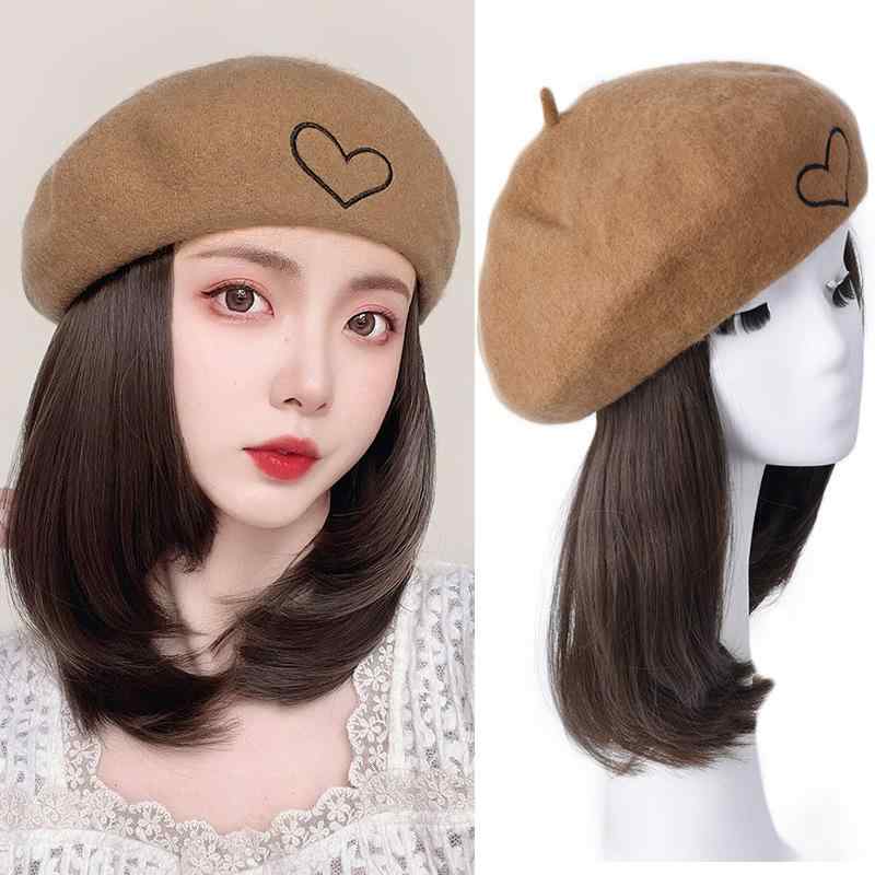 かつら 帽子 ウィッグ レディース フルウィッグ 一体型 秋冬 ハート型 ベレー帽 鎖骨丈 ミディアムヘア..