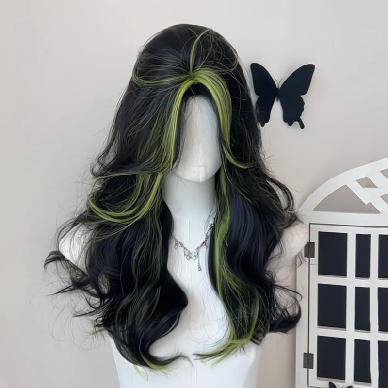 かつら フルウィッグ レディース センターパート ロングカール 大波ウェーブ ブラックグリーン ハイラ..