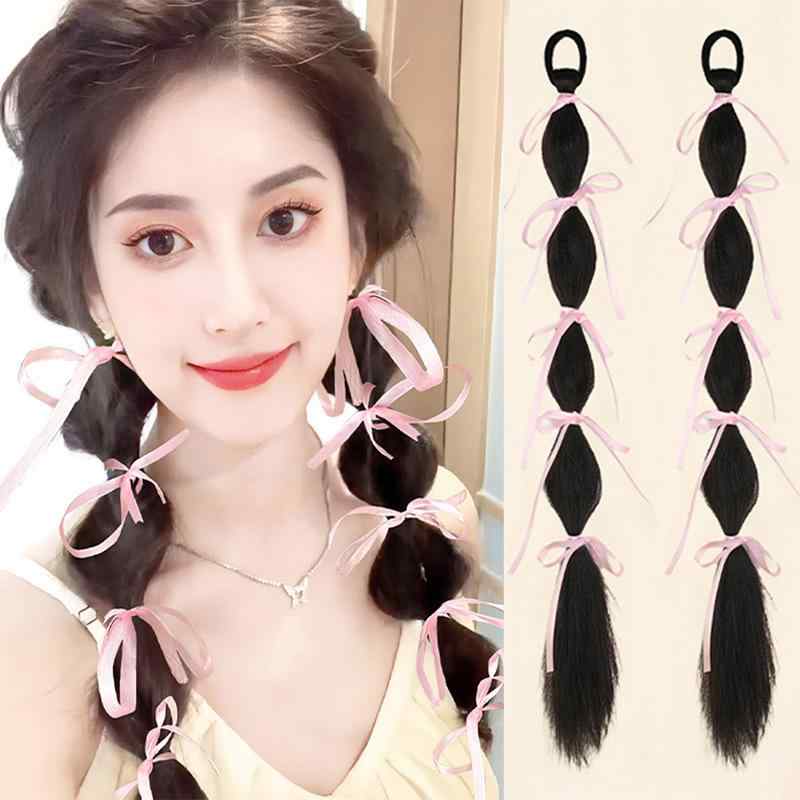 ウィッグ レディース 自然な ポニーテール ツインテール バレエリボン 耐熱ファイバー 三つ編み 蝶結び..