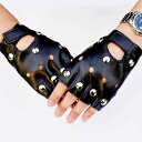 手袋 メンズ 男性 ハーフフィンガー 指なし リベット スタッズ フェイクレザー パンク ロック ストリート ヒップホップ カジュアル ダンス パフォーマンス 夏 ブラック