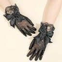 グローブ ハロウィン コスプレ ドレス フォーマル メッシュ レース リボン ラインストーン フィンガーグローブ ブラック 個性的 ゴシック系 イベント パーテ...