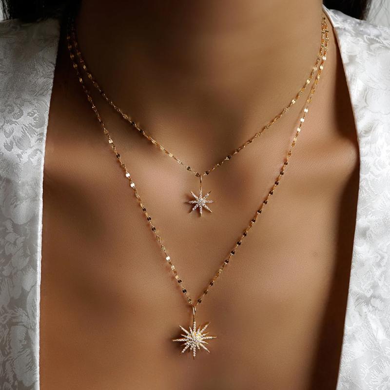 ネックレス レディース 二連 スターペンダント ゴールド シルバー ラインストーン 合金製 シンプル 個性的 おしゃれ ショートネックレス 電気メッキ加工 オフィス カジュアル 普段使い