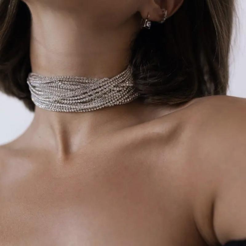 ネックレス レディース レイヤード ラインストーン シンプル 高級感 上品 個性的なデザイン カジュアル 普段使い オフィススタイル ゴールド シルバー 電気メッキ加工(4)