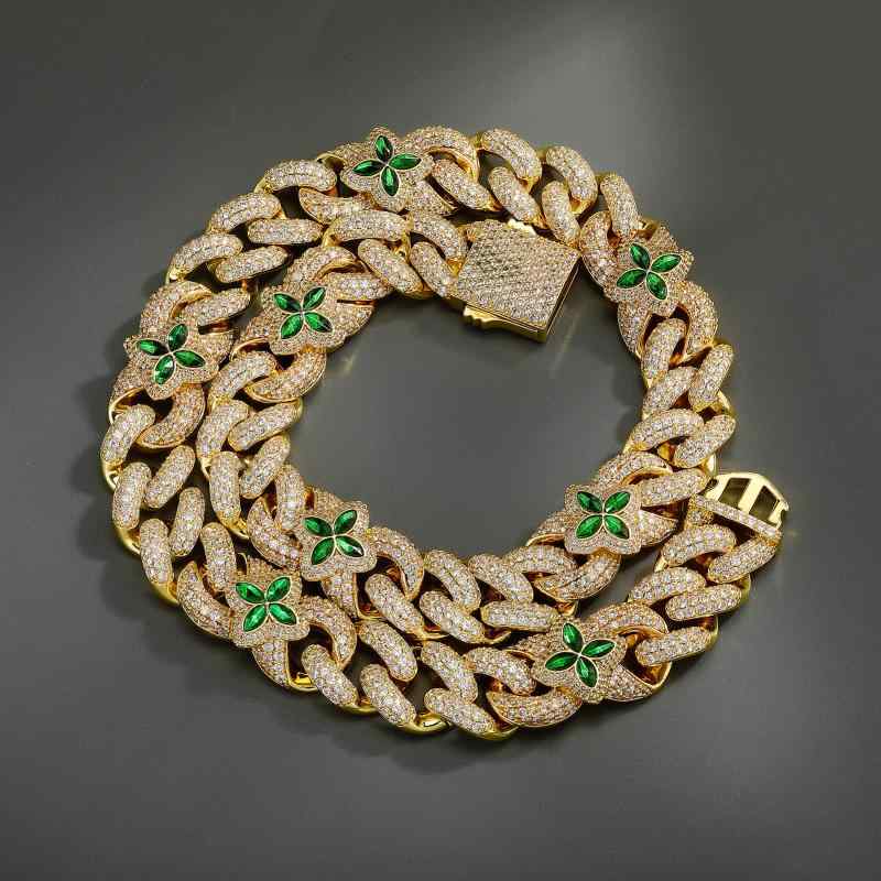 ネックレス ユニセックス ヒップホップ 四つ葉のクローバー グリーンストーン インフィニティシンボル キューバンチェーン 銅製 ゴールドメッキ ジルコニア 高級感 ゴールド シルバー ロングネックレス 個性的