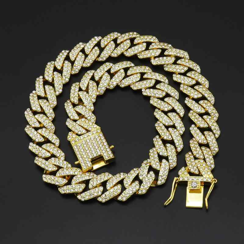 ネックレス メンズ 男性用 欧米風 ヒップホップ ストリート ファッション 18mm幅 菱形 キューバンチェーン ラインストーン 輝く 太め ボリューム 存在感 ゴージャス ゴールドカラー(4)