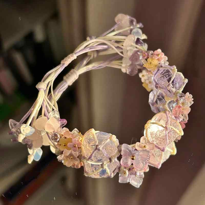 ブレスレット レディース マクラメ編み ハンドメイド 天然石 クリスタル ぶどうシャーベット ドーパミ..