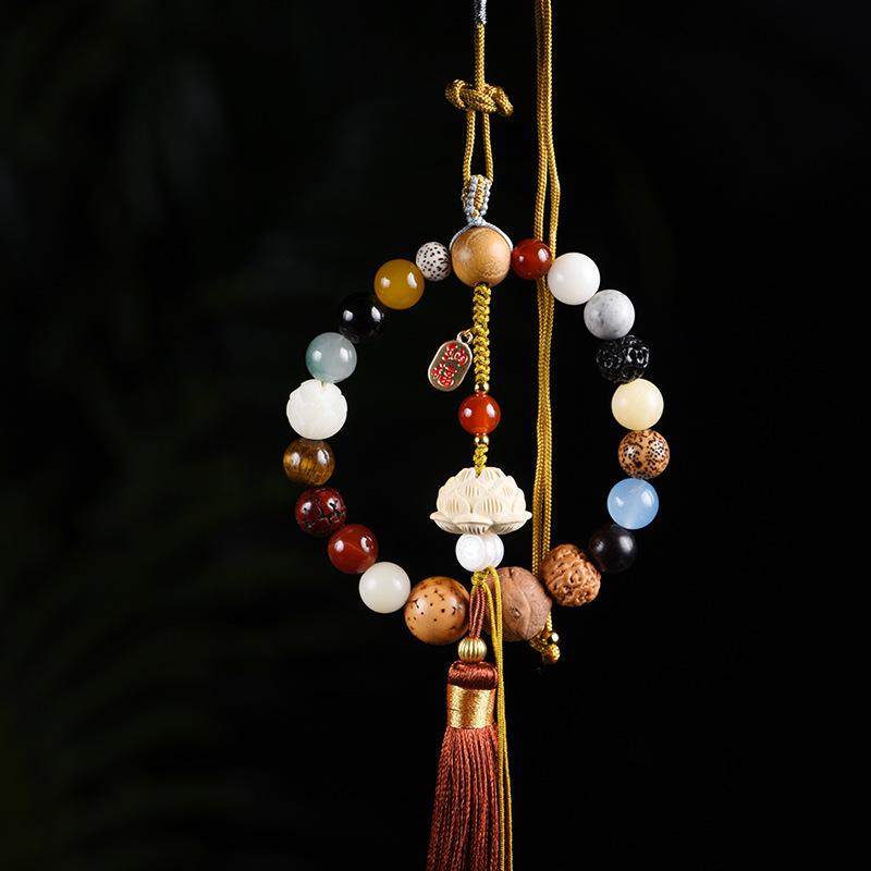 カーチャーム 十八眼菩提 多宝菩提 数珠 ブレスレット 念珠 白檀木 サンダルウッド 蓮モチーフ オリジナルデザイン 車内装飾 お守り 魔除け 開運 パワーストーン