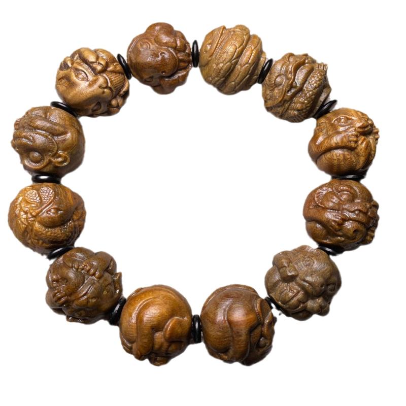 ブレスレット 男女兼用 アルゼンチン緑檀 高密度紫檀 白檀木 サンダルウッド 精密彫刻 十二支 数珠 腕輪 文玩 開運 お守り パワーストーン
