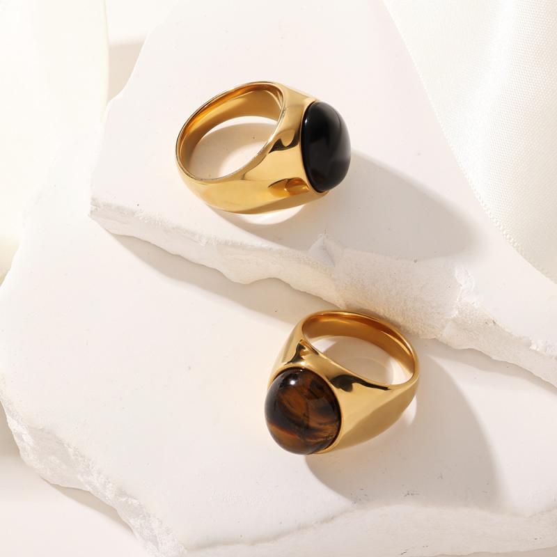指輪 レディース 大ぶり 欧米風 ステンレス製 変色防止 ブラックストーン タイガーアイ 電気メッキ加工 個性的 ラウンドリング 普段使い カジュアル おしゃれ(4)