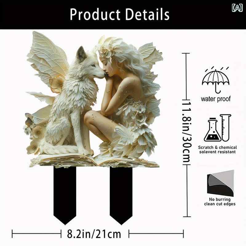 ガーデンピック アクリル製 天使 妖精 白狼 動物モチーフ 屋外 庭園装飾 地中差し込み オブジェ おしゃれ かわいい(x2)
