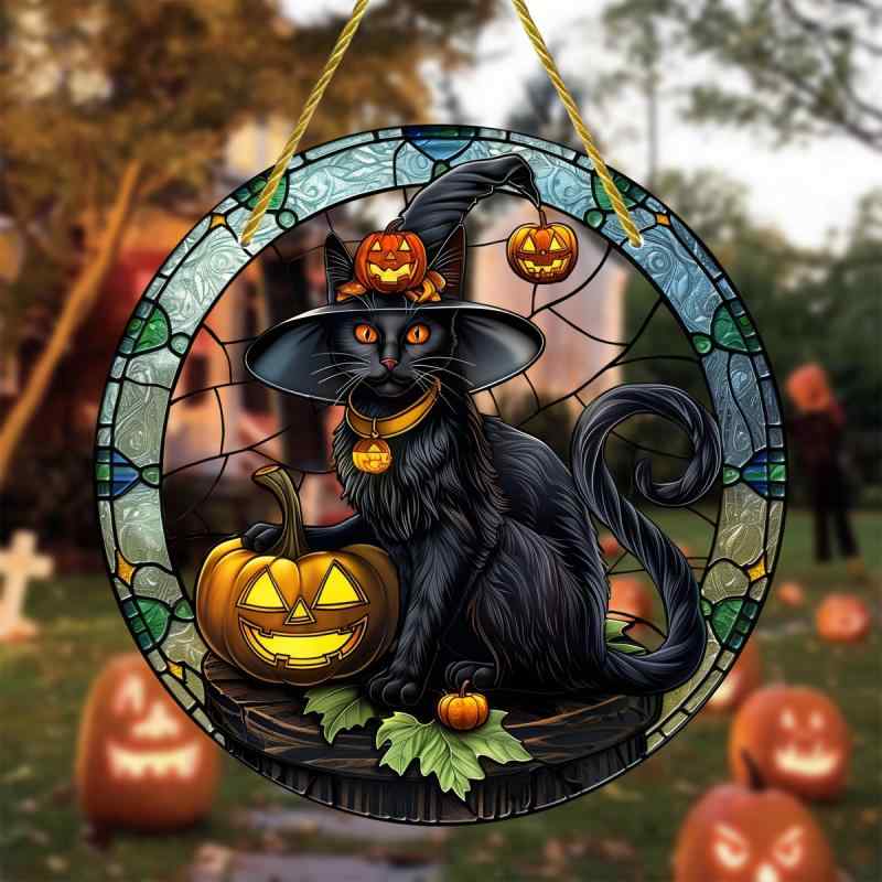 オーナメント ハロウィン 魔法の黒猫 パンプキン ランタン ガーデン ポーチ 玄関 庭 屋外 吊り下げ ハンギング アクリル製 パーティー デコレーション 秋 イベント かわいい 個性的(x2)