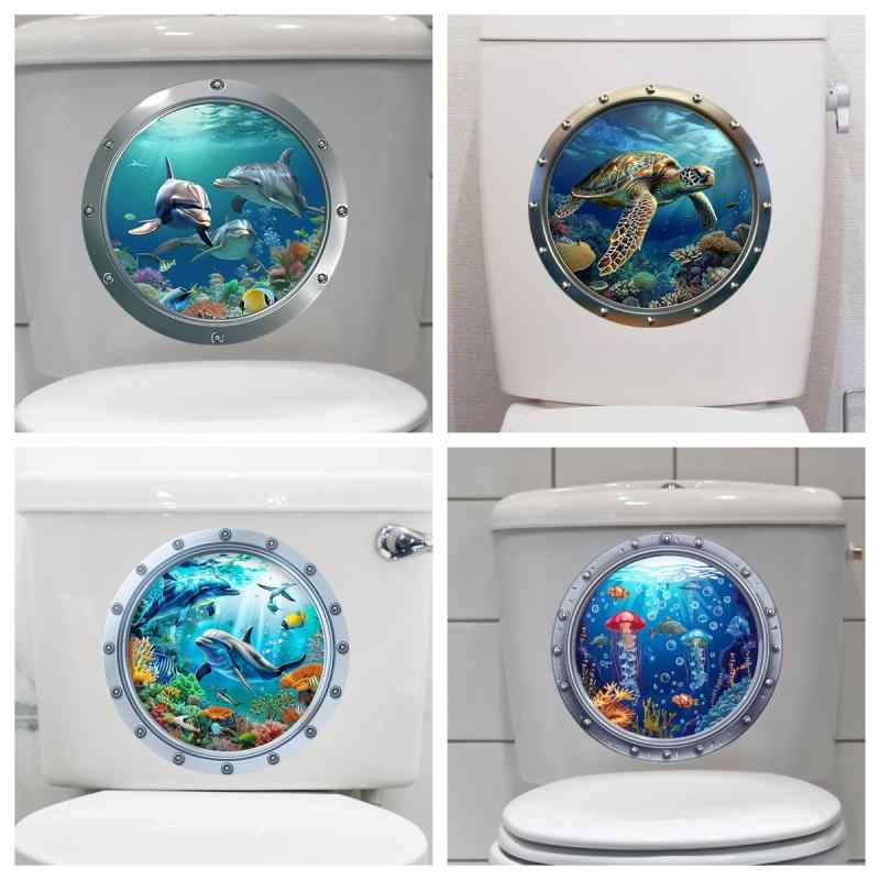 ウォールステッカー 3D オーシャンワールド イルカ ウミガメ 浴室 トイレ 洗濯機用 かわいい PVC 粘着 ..