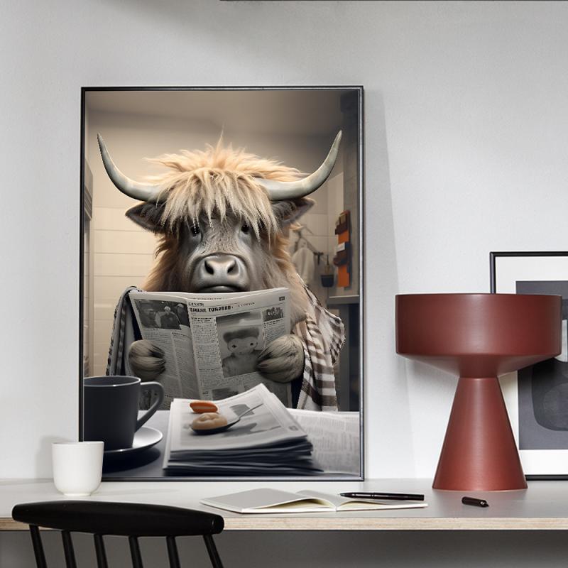 装飾画 コーヒーを飲むヤク 新聞を読むヤク リビング 寝室 壁掛け アートパネル モダン シンプル クリ..
