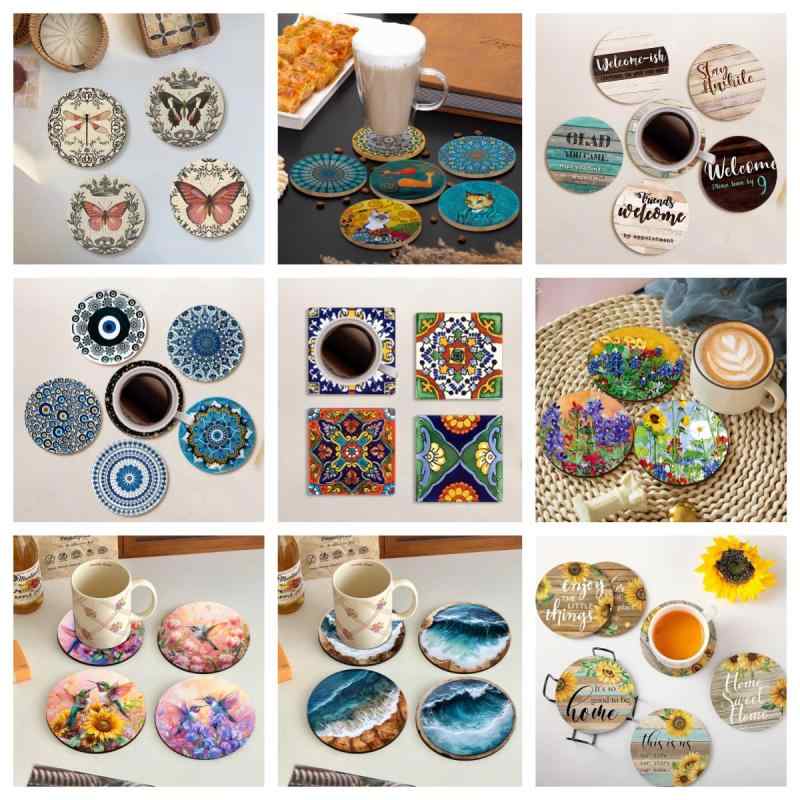 コースター 木製 5mm厚 パイン材 天然木 断熱 耐熱 滑り止め レトロ ヴィンテージ モダン シンプル 食卓用 カフェ レストラン 来客用 複数枚組 セット(x2)