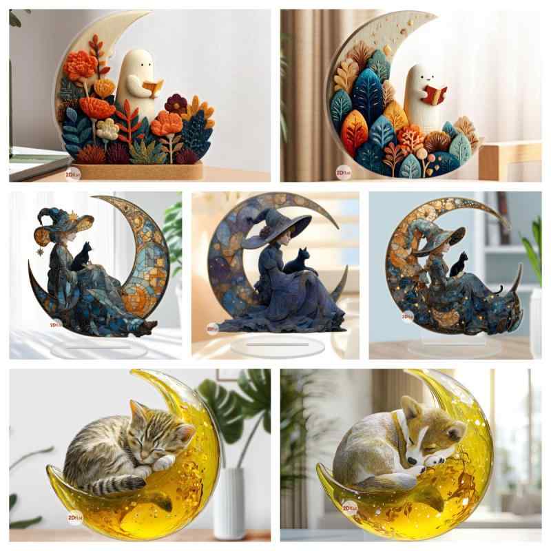 置物 ハロウィン かわいい 読書ゴースト 猫を抱く魔女 2D平面 アクリル製 卓上 デコレーション オブジェ インテリア ディスプレイ 寝室 リビング飾り パーティー ギフト オーナメント(x2)