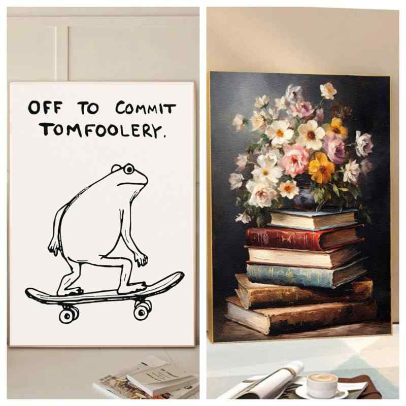 飾り絵 インスタ風 ローラースケート カエル 本 花柄 キャンバスアート 壁掛け フレームレス インテリ..