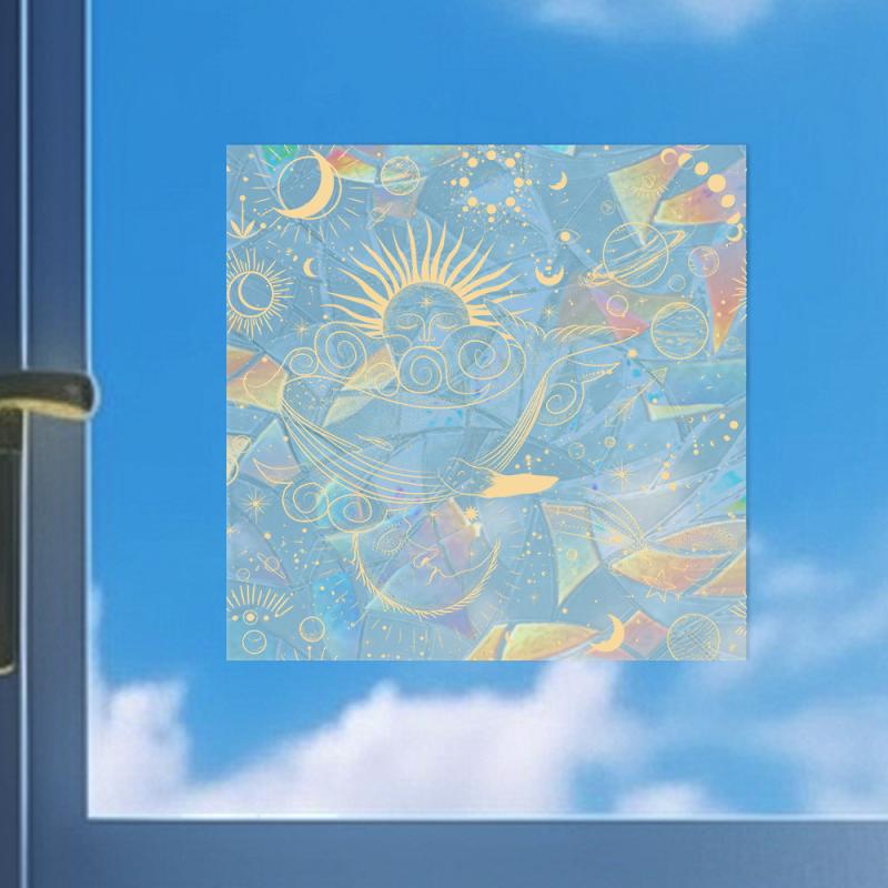 窓用フィルム 静電気吸着 レトロ アンティーク調 月 太陽 サンキャッチャー 虹色投影 鳥衝突防止 UVカット 目隠し プライバシー保護 インテリアシート PET素材(x5)