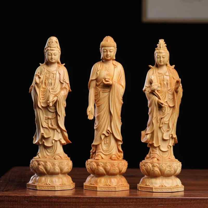 仏像 置物 西方三聖 阿弥陀如来 観音菩薩 大勢至菩薩 崖柏 黄楊木 木彫 立像 精巧 手彫り リビング インテリア 玄関 和室 縁起物 工芸品 オブジェ