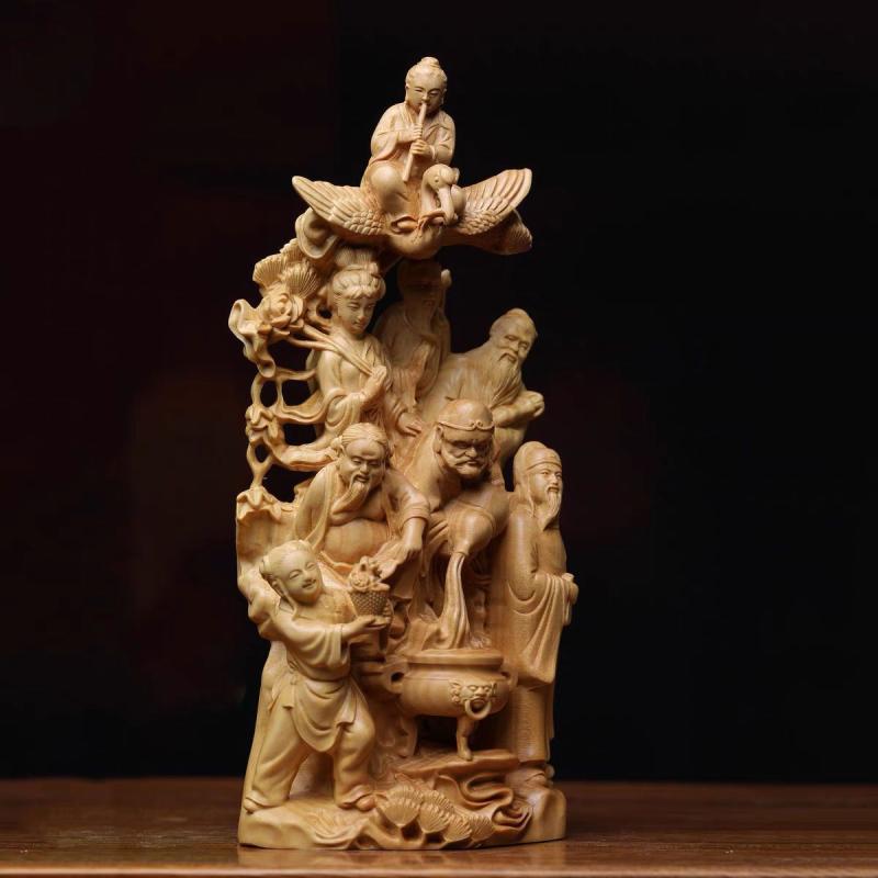 置物 檜 無垢材 精巧彫刻 八仙渡海 人物像 リビング 室内装飾 オブジェ 贈答品 慶事 長寿祝い 工芸品(3)