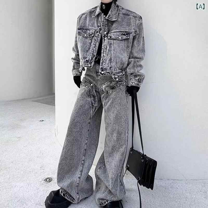 セットアップ メンズ 秋冬 ストリート系 高級感 ヴィンテージ加工 切り替えデザイン グレー コットンブレンド デニム ジャケット 長ズボン カジュアル スポーツ 普段使い