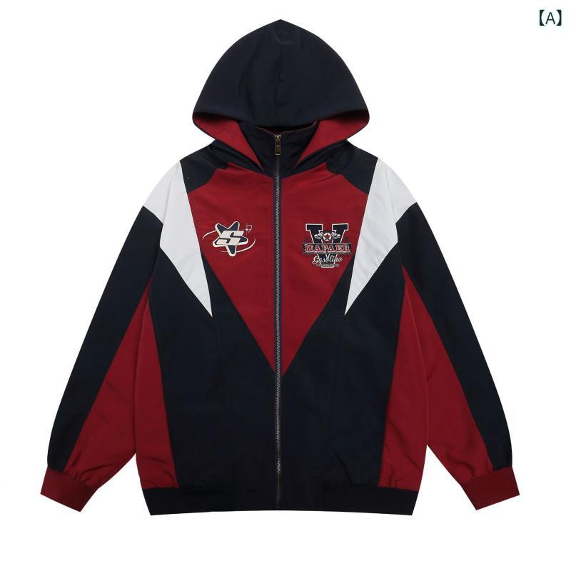ジャケット ユニセックス 秋冬 切り替え バイカラー 刺繡 フード付き ルーズシルエット ストリート系 ポリエステル ジップアップ サイドポケット アウター