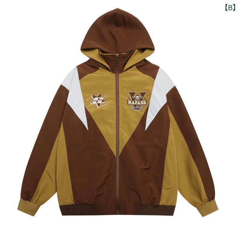 ジャケット ユニセックス 秋冬 切り替え バイカラー 刺繡 フード付き ルーズシルエット ストリート系 ポリエステル ジップアップ サイドポケット アウター