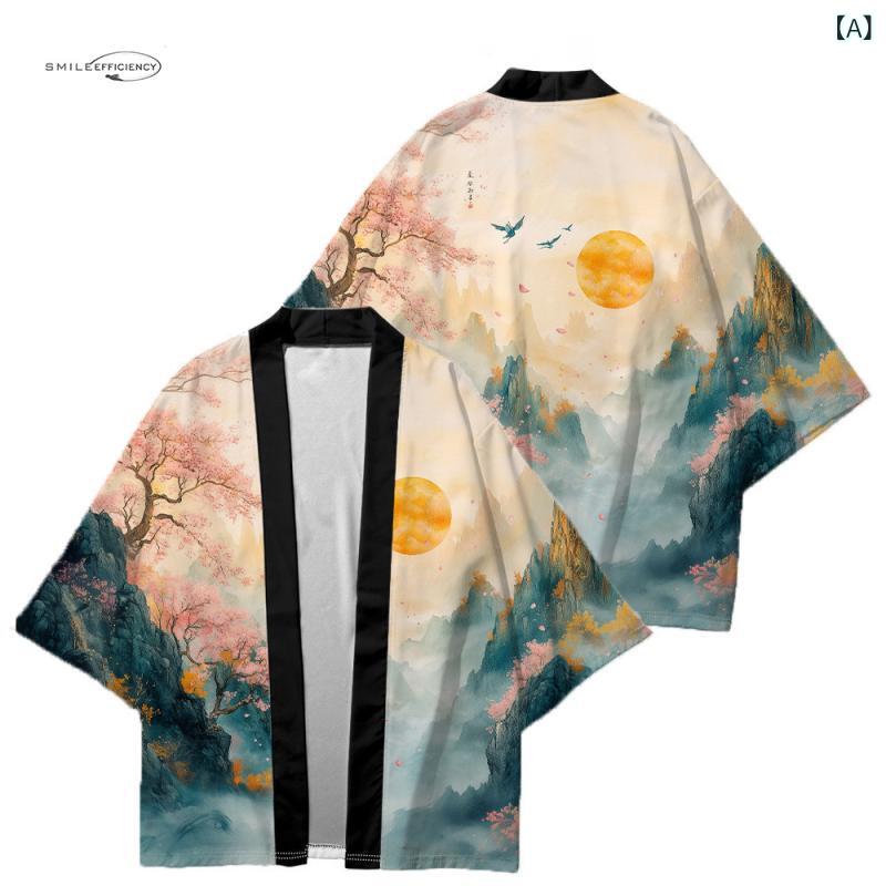 羽織り メンズ 男性用 開襟シャツ カーディガン 自然風景柄 プリント 七分袖 ノーカラー 薄手 通気性 ポリエステル メッシュ ストリート カジュアル 春夏 サマーアウター 普段使い