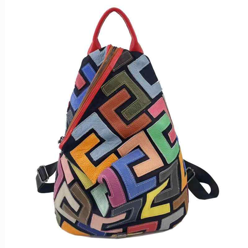 リュックサック レディース 本革 牛革 切り替え カラフル レトロ カジュアル デイパック ソフト 耐摩耗 盗難防止 収納豊富 旅行 普段使い 鞄(4)