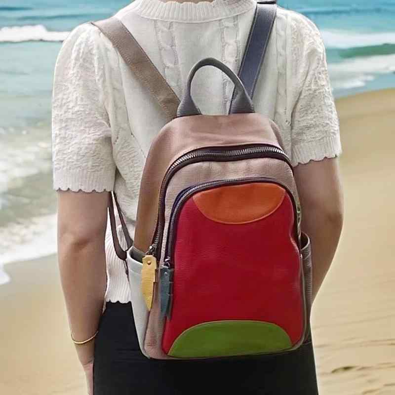 バックパック リュック レディース 本革 牛革 マルチカラー 切り替え パッチワーク カジュアル ストリ..