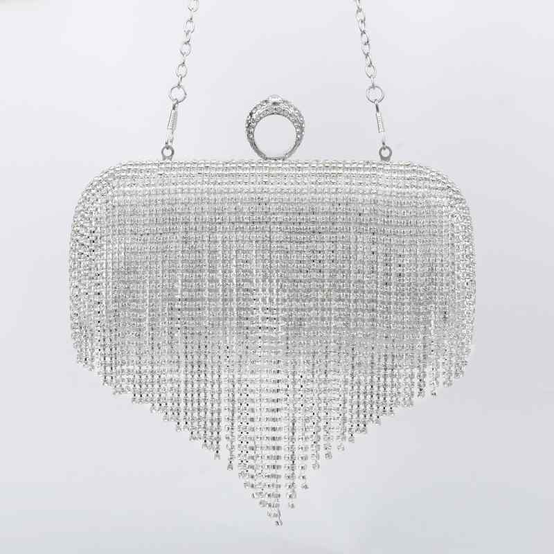 バッグ レディース クラッチバッグ パーティー 結婚式 披露宴 二次会 お呼ばれ フォーマル ラインストーン タッセル キラキラ ボックス型 硬め 取り外し可能チェーン ゴールド シルバー