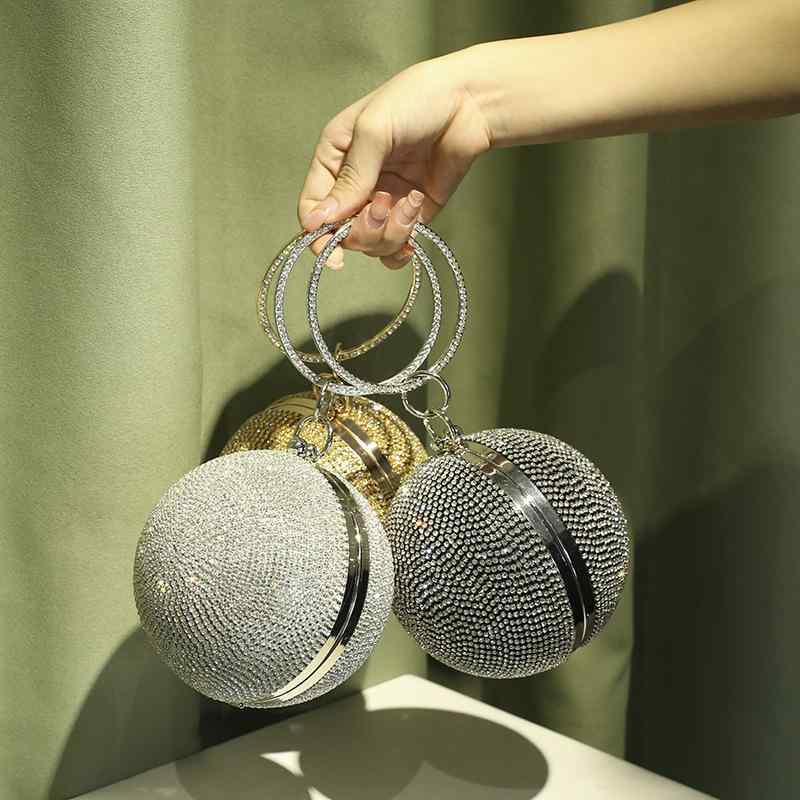バッグ レディース ラインストーン ボール型 手持ち 肩掛け パーティー イブニング フォーマル 結婚式 お呼ばれ 普段使い ブラック ゴールド シルバー ポリエステル製 ハードタイプ ロック金具 SNS映え トレンド