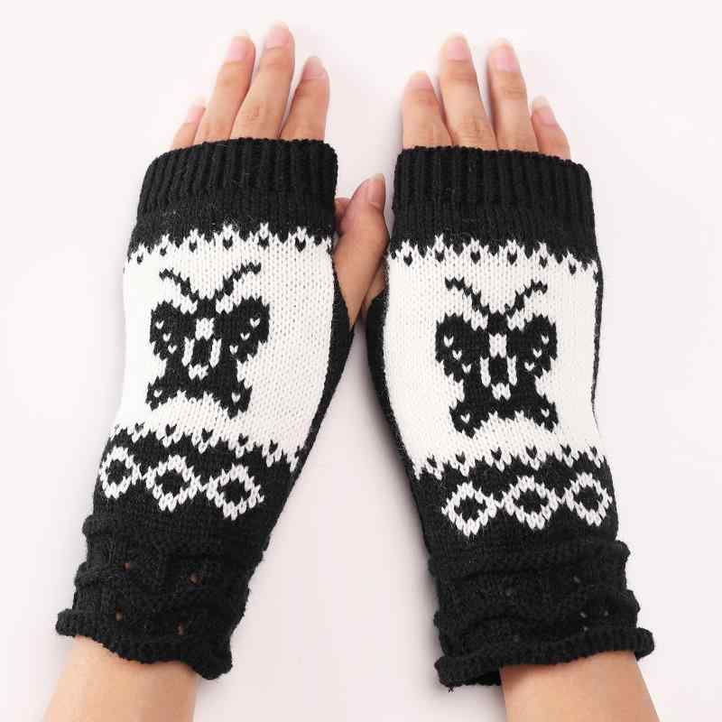 手袋 レディース 蝶々 ショート丈 指なし オープンフィンガー ニット 毛糸 保温 防寒 あったか 秋冬 か..