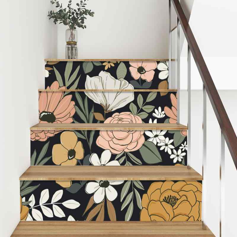 リメイクシート ボヘミアン 花柄 ダークカラー 防水 防油 防汚 階段 キャビネット用 デコレーションシール PVC素材 簡単貼付 平面タイプ 5枚組(x10)