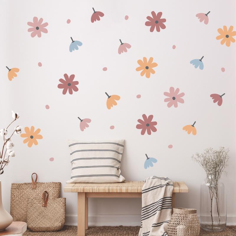 ウォールステッカー キッズ デイジー 花柄 ボヘミアン かわいい 子供部屋 寝室 リビング 壁 アートデコレーション シール 防湿 防汚 PET素材