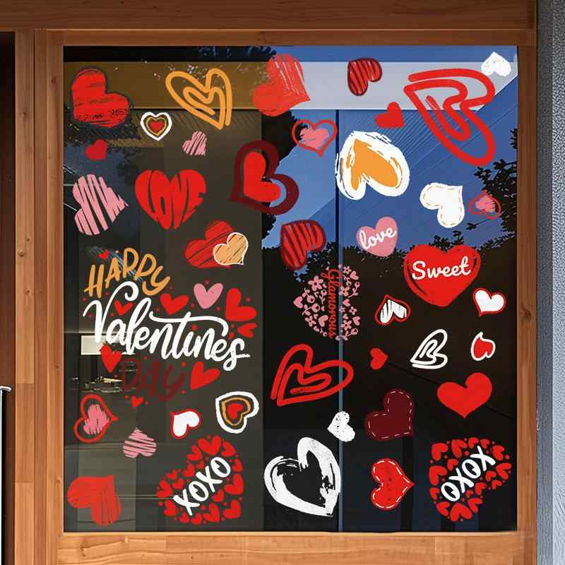 ウォールステッカー バレンタインデー ハート 静電気 粘着剤不要 PVC 防水 防汚 防カビ キャラクター ..