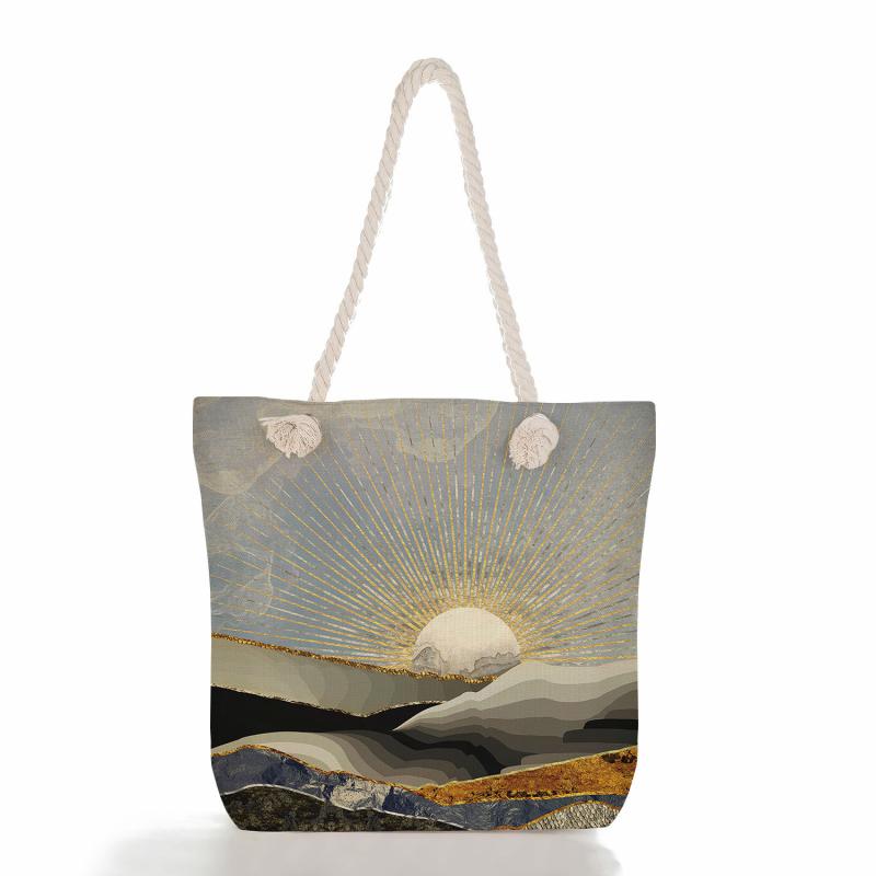 トートバッグ 山水画プリント 手提げ 肩掛け ショッピングバッグ 学生 通学鞄 デイリーユース 普段使い..