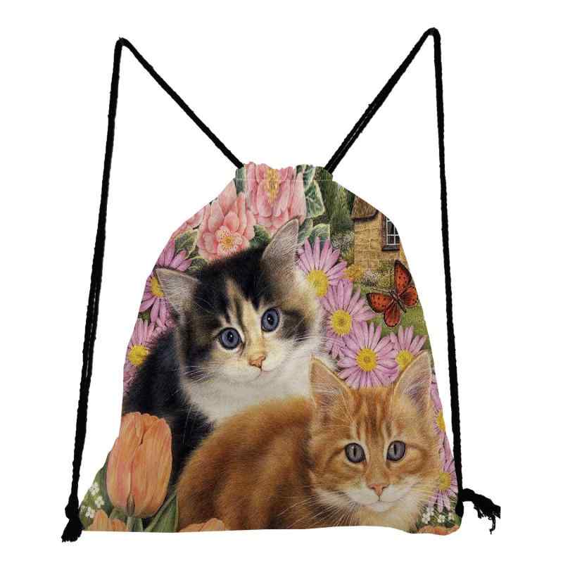 リュックサック ナップサック 男女兼用 小学生 かわいい キャラクター 猫柄 花模様 ポリエステル 大容..