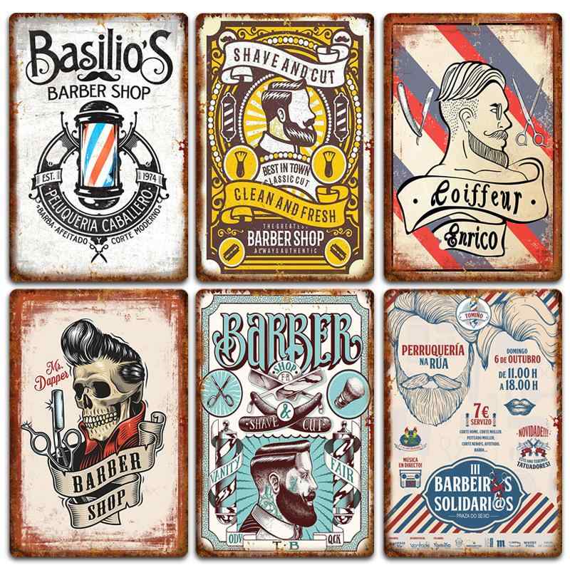 装飾画 バーバーショップ 理髪店 レトロ ビンテージ ブリキ画 ポスター フレームレス 壁掛け 店舗用 ウォールアート(x2)