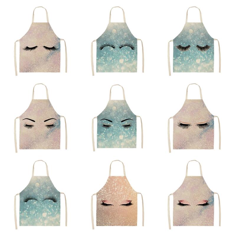 エプロン ノースリーブ まつげ柄 かわいい 男女兼用 大人用 子供用 キッチン 料理 家事 汚れ防止 防汚 リネン ポリエステル素材(x2)