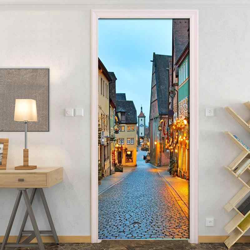 ウォールステッカー ドアシート 3D 立体 夕焼けの街 風景デザイン 貼るだけ 剥がせる 自己粘着 壁装飾 ..