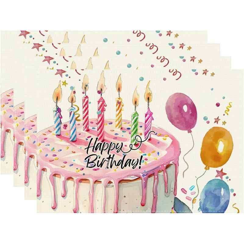 ランチョンマット 誕生日 バースデー パーティー ケーキ キャンドル 風船柄 お祝い 記念日 食卓 ダイニング キッチン ポリエステル製 撥水 防汚 洗える おしゃれ かわいい(x4)