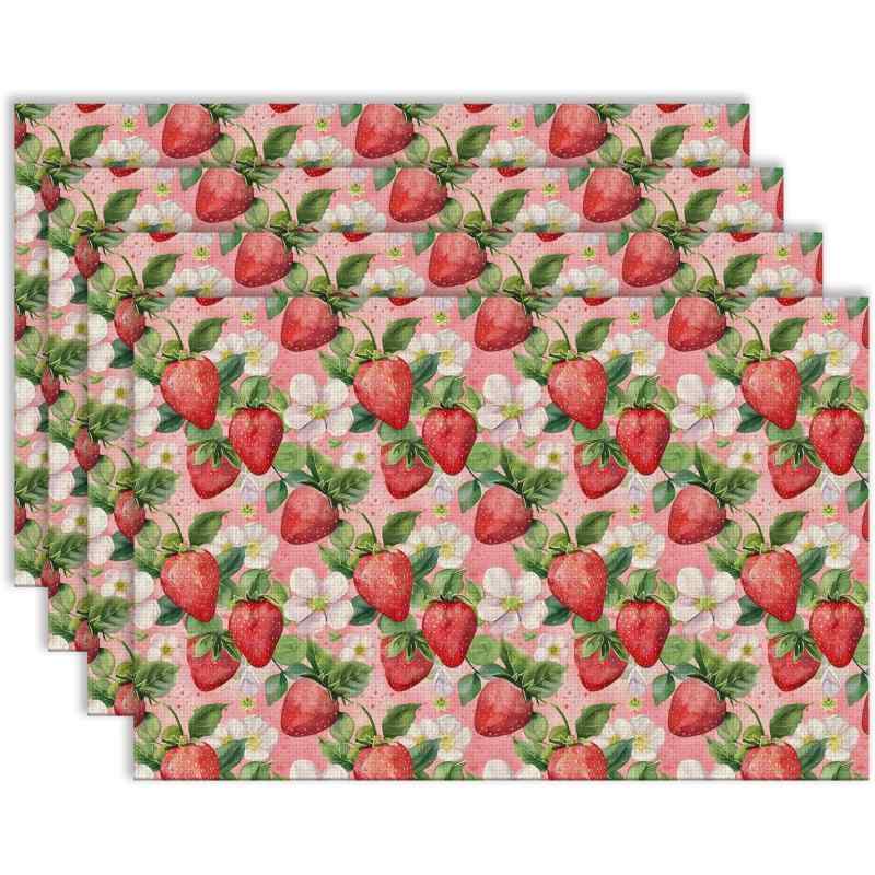 ランチョンマット レトロ 植物 リーフ イチゴ柄 ボタニカル柄 ポリエステル アメリカンスタイル 春用 パーティー キッチン ダイニング リビング 書斎 テーブルマット 30x45cm(x4)