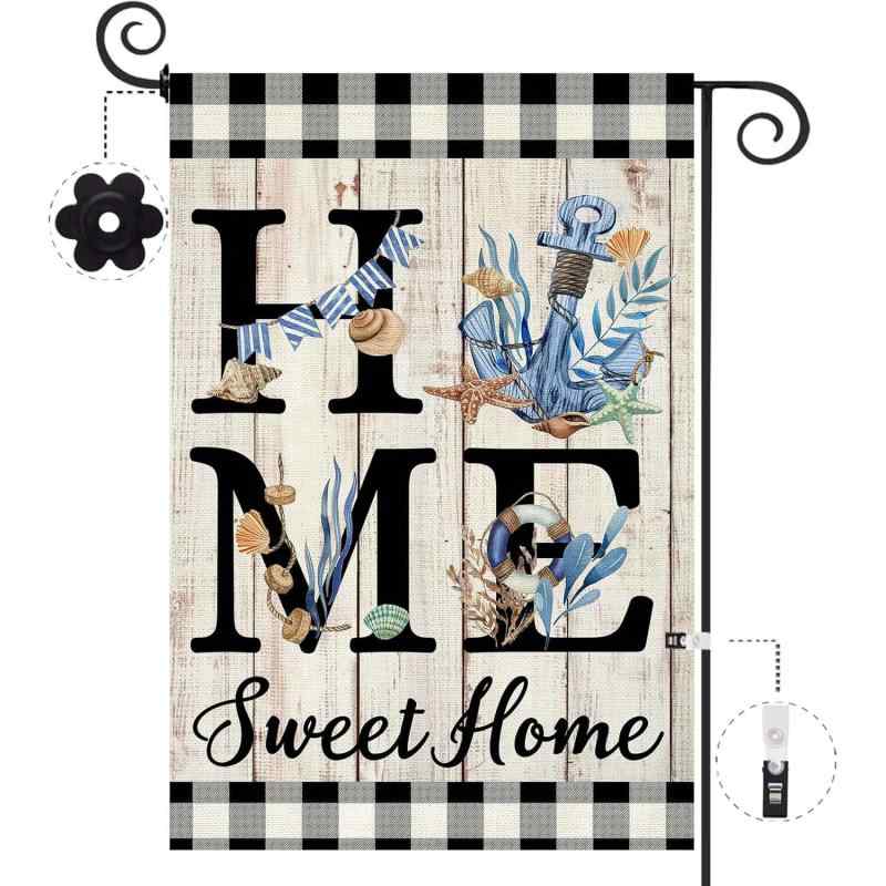 ガーデンフラッグ 両面 マリンテイスト アンカー ヒトデ 貝殻 ブルー 青色 リネン 屋外用 庭 ビーチ 海..