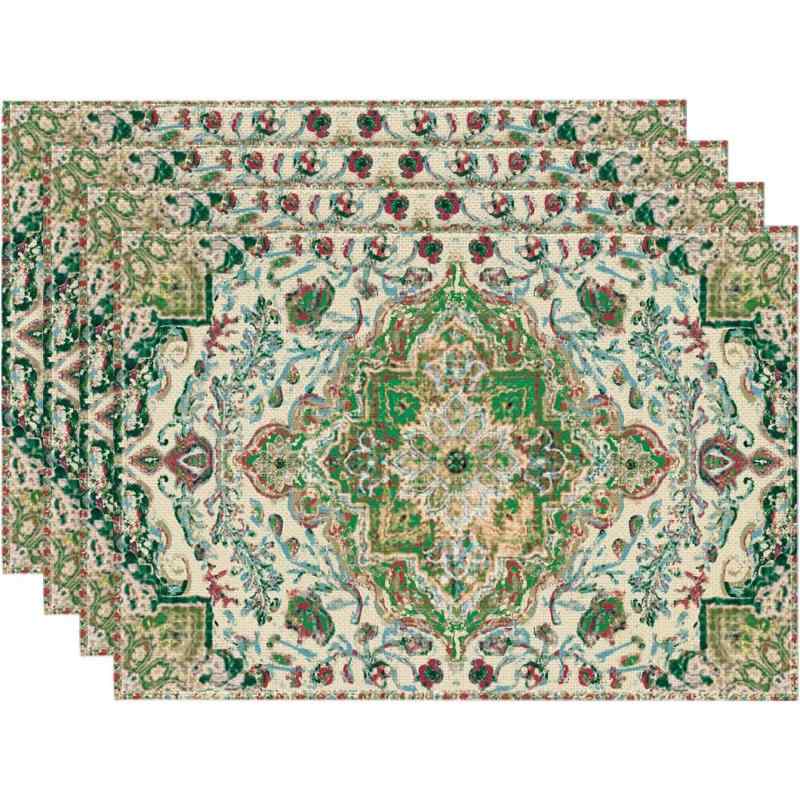 ランチョンマット グリーン 花柄 ボヘミアン 普段使い デイリー キッチン ダイニング リビング 書斎 レストラン 商用 店舗 ホリデー 季節感 ポリエステル(x4)