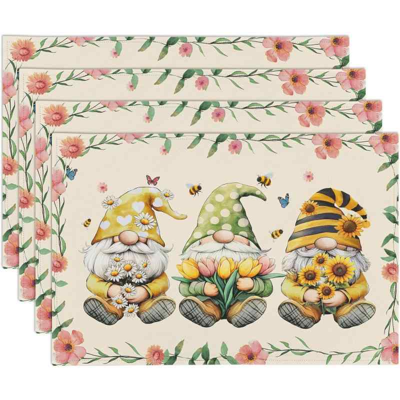 ランチョンマット 春夏 ミツバチ ヒマワリ柄 花柄 ボタニカル ポリエステル パーティー キッチン ダイニング 食卓 ホリデーシーズン(x4)