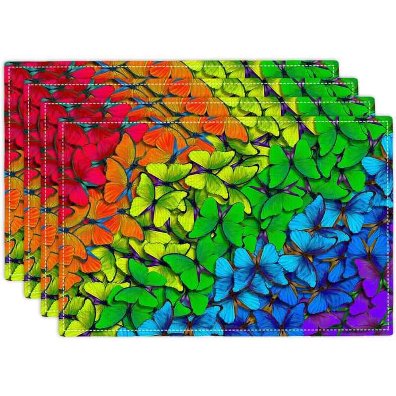 ランチョンマット カラフル 蝶 虹色 夏 アメリカン スタイル ポリエステル おしゃれ 食卓 キッチン ダイニング パーティー用 リビング 書斎 飾り(x4)