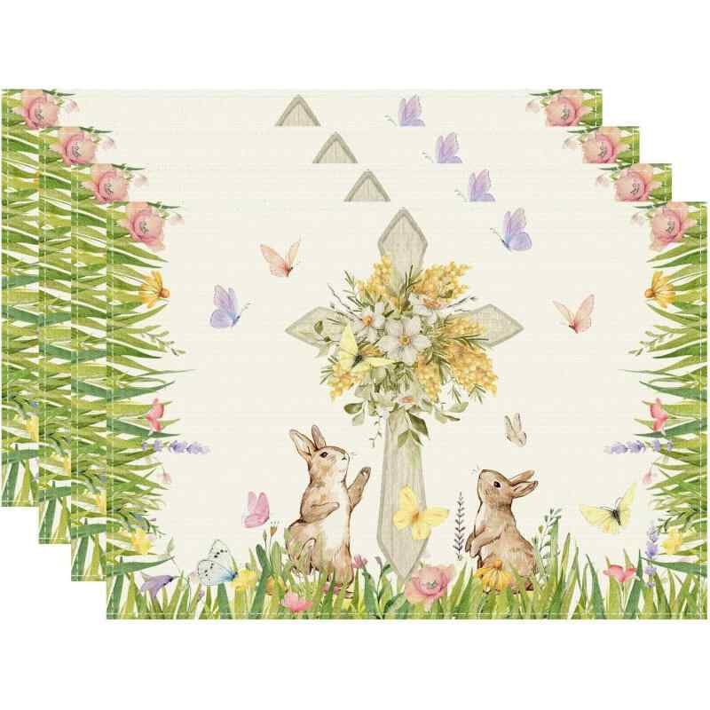 ランチョンマット 復活祭 かわいい うさぎ ニンジン柄 アメリカン ポリエステル製 洗える お手入れ簡単 パーティー キッチン ダイニング 食卓 デコレーション用(x4)